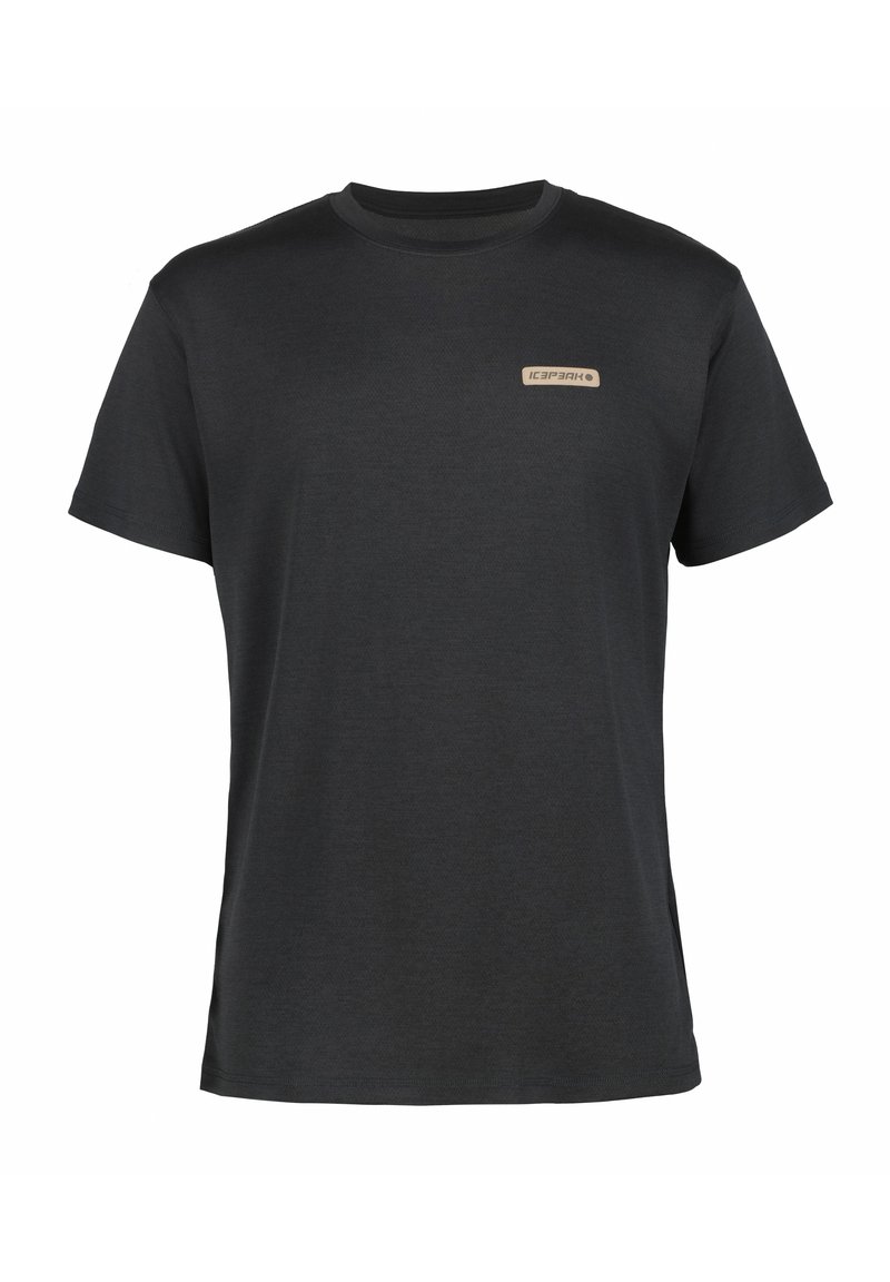 Zwarte korte mouwen t-shirt met een ronde halslijn en een klein logo op een lichte achtergrond aan de linkerkant. Soepele textuur, casual pasvorm.