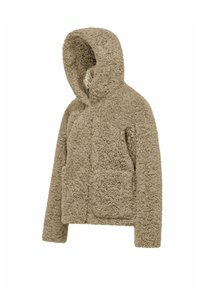 Giacca con cappuccio beige fluffy con texture morbida, tasche frontali e chiusura con zip. Design corto e vestibilità rilassata.