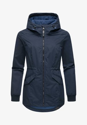 Tamsiai mėlyna, su gobtuvu, striukė su priekiniu užtrauktuku, elastingais rankovėmis ir šoninėmis kišenėmis. Pagaminta iš lygaus, vandeniui atsparaus audinio ir turi prigludusį siluetą.