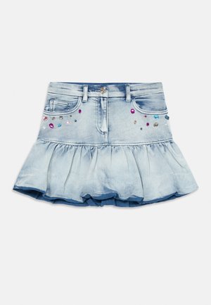 Light blue denim skirt with a flared ruffle at the hem, features decorative colorful gemstones on the front pockets for embellishment.