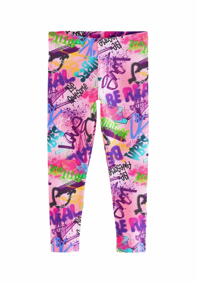 Rosa leggings med ett livligt graffiti-mönster som innehåller flerfärgad text, stjärnor och abstrakta mönster i gröna, blå och lila nyanser.