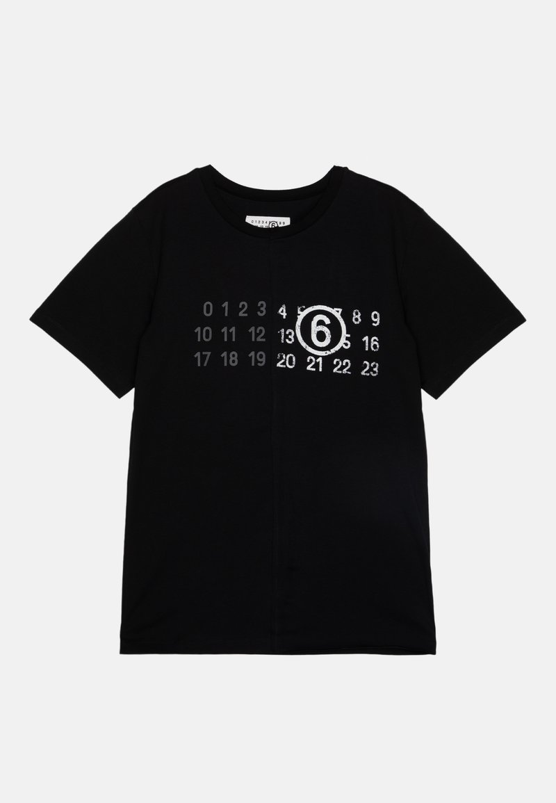 Black short-sleeve t-shirt with a rounded neckline, featuring white printed numbers and a prominent "6" design on the front. Cotton fabric.