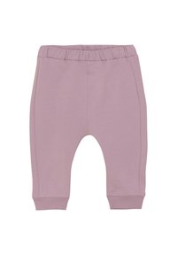 Lavendel katoenmix broek met een elastische tailleband, taps toelopende pijpen en naaddetails aan de zijkant. Zachte textuur, comfortabele pasvorm.