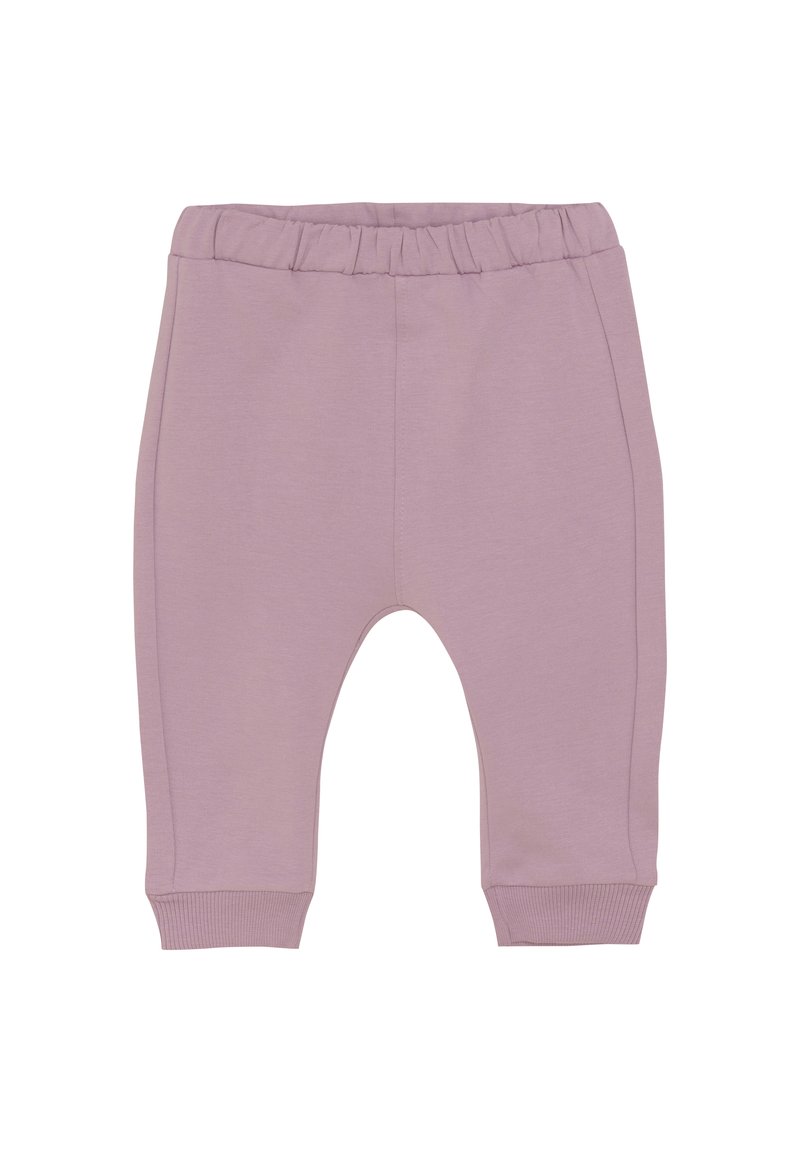 Lila Baumwoll-Mischungshosen mit elastischem Bund, schmal zulaufenden Beinöffnungen und Seitennähten. Weicher Stoff, bequeme Passform.