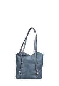 Sac fourre-tout en cuir bleu avec une texture douce, double épaules, et une poche zippée à l'avant. Présente un design de haut arrondi.