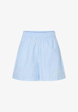 Lichtblauwe shorts met verticale witte strepen, ontworpen met een elastische tailleband en een ontspannen pasvorm voor comfort. Van katoen.