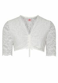 Weißes Spitzen-Cropped-Top mit kurzen Ärmeln, V-Ausschnitt, gerafftem Vorderteil mit bindbarem Detail und gewellten Kanten. Mit floralem Muster.