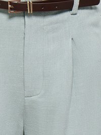 Pantalon gris clair avec plis sur le devant et ceinture en cuir marron foncé avec boucle dorée.