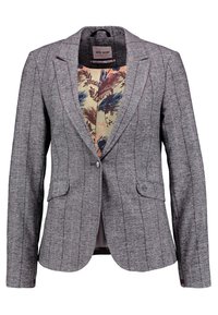 Grårandig blazer med slagkrage, enknappens stängning och två framfickor. Inredningen har en blommig foder i varma toner.