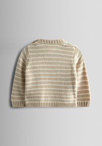 Beige värviline kootud sviiter valgete triipudega. Omab ümmargust kaelust, pikki varrukaid ja soonikku ääremust. Pehme, tekstuuriga kangas.