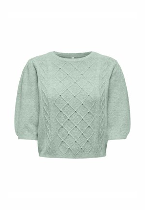 Mintgrön pullovertröja med korta puffärmar, texturerat stickmönster, diamantformer och dekorativa små pärldetaljer.