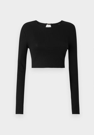 Black long-sleeve crop top made from ribbed fabric. Features a round neckline and a small keyhole opening at the back with a zipper.