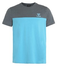 Kortærmet T-shirt med et horisontalt design. Grå øverste sektion, lyseblå nedre sektion, lavet af bomuld, logo trykt på brystet.