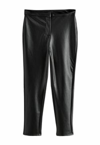 Black faux leather pants with a sleek texture, slim fit, and mid-rise waist. Features a front fly and clean, seam lines along the sides.