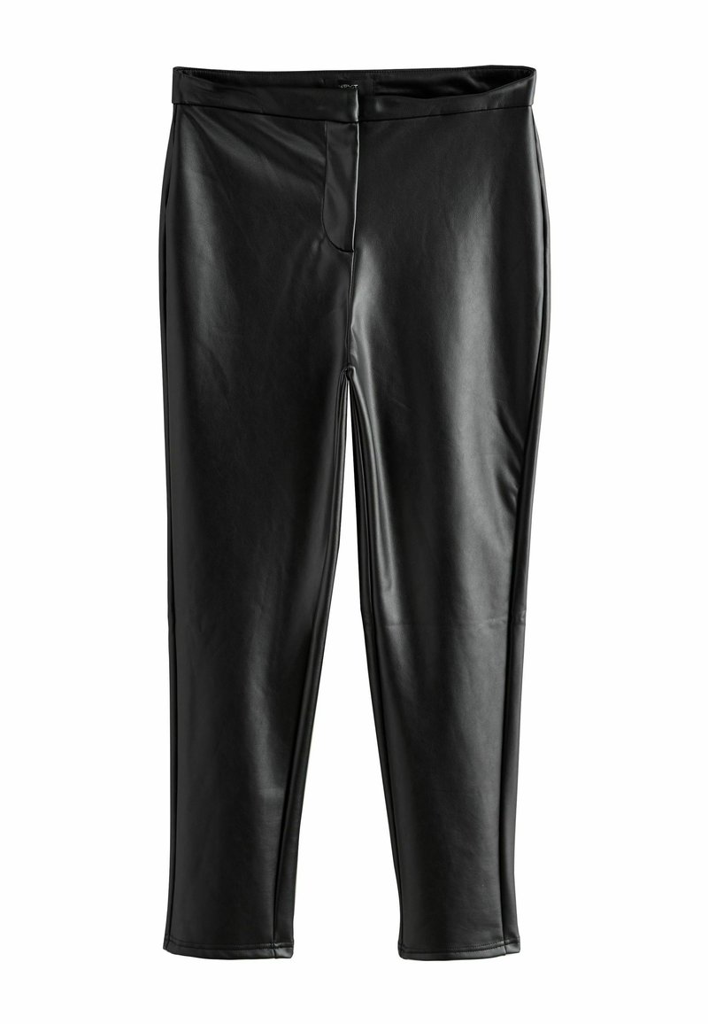 Black faux leather pants with a sleek texture, slim fit, and mid-rise waist. Features a front fly and clean, seam lines along the sides.