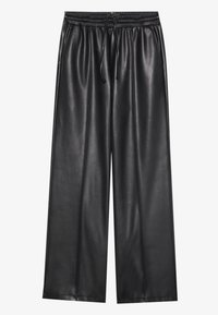 Black faux leather trousers with a wide-leg design, featuring an elastic waistband and drawstring for adjustable fit. Smooth texture.