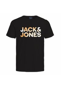 Crna pamučna majica s velikim, ispucalim grafičkim natpisom "JACK & JONES" u bijeloj i metalik zlatnoj boji sprijeda. Kratki rukavi i dizajn s okruglim izrezom.