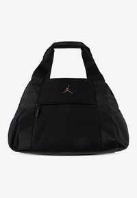 Schwarze Sporttasche aus Nylon, ausgestattet mit einer Reißverschlusstasche, einem markanten Jumpman-Logo und robusten gewebten Trägern. Insgesamt glatte Oberfläche.