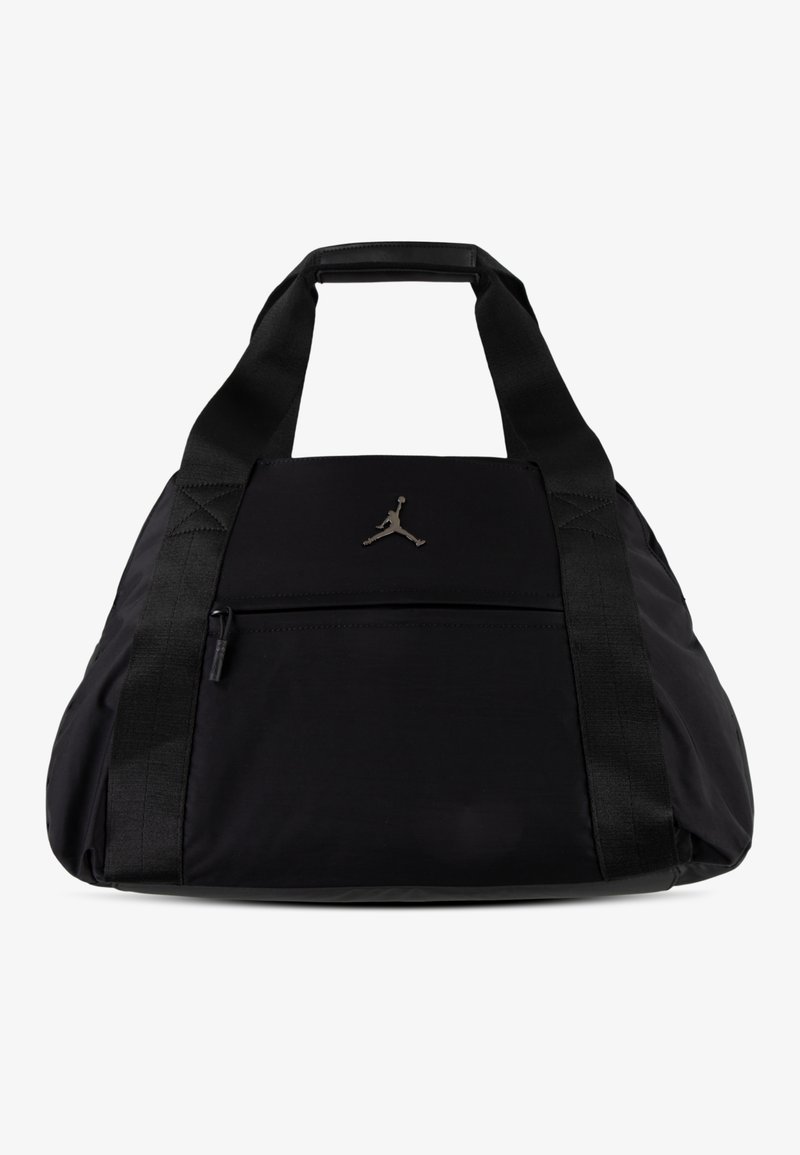 Schwarze Sporttasche aus Nylon, ausgestattet mit einer Reißverschlusstasche, einem markanten Jumpman-Logo und robusten gewebten Trägern. Insgesamt glatte Oberfläche.