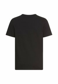 Schwarzes T-Shirt mit kurzen Ärmeln und Rundhalsausschnitt, von hinten auf einem weißen Hintergrund gezeigt.