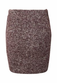 Jupe crayon en maille, mélange de laine bordeaux chiné et blanc, avec taille et ourlet côtelés.