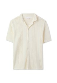 Camicia a maniche corte con bottoni di colore crema chiaro, caratterizzata da un motivo a maglia testurizzata. Presenta un colletto a arrotino e righe verticali. Taglia XL.