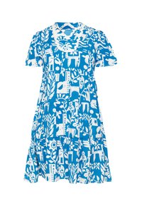 Rochie albastră cu modele florale și animale albe, cu mâneci scurte, design în straturi și un decolteu rotund cu margini ondulate.