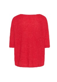 Rød oversized striktrøje med korte ærmer, en afslappet pasform og en blød tekstur. Designet har en bred rund halsudskæring og ingen synlig hardware.