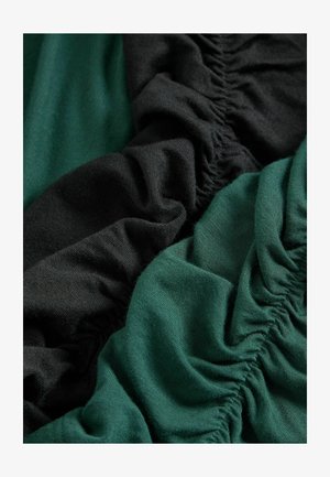 Sections de tissu noir et vert avec une texture plissée. Le noir est sombre et lisse, tandis que le vert est légèrement brillant et doux.