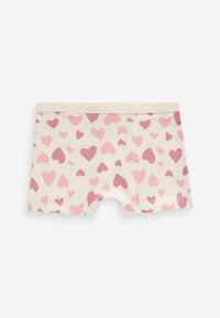 Boxer en coton avec un fond crème décoré de différents cœurs roses, complété par une ceinture élastique rose clair.