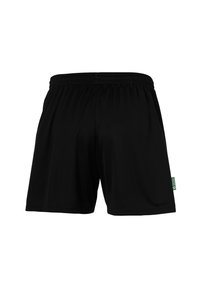 Zwarte sportieve shorts van lichte stof met een elastische tailleband en een klein groen label aan de linkerkant. Gladde textuur, knielang.