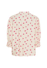 Hvid bluse med et blomsterprint bestående af lyserøde blomster og grønne stængler, lange ærmer med rynkede manchetter og en mandarin-krave.