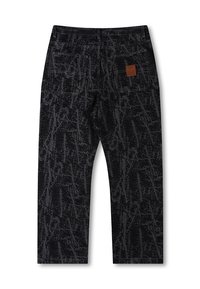 Μαύρο παντελόνι με υφή, διαθέτει δύο πίσω τσέπες και καφέ δερμάτινη ετικέτα. Κατασκευασμένο από ύφασμα με ελαφριά γυαλάδα.