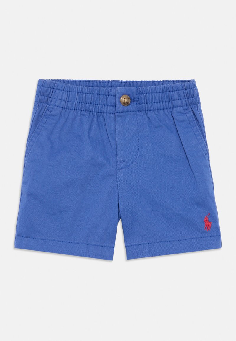 Modre bombažne kratke hlače z elastičnim pasom, zapiranjem na en sam gumb, stranskimi žepi in majhnim rdečim logotipom spredaj.