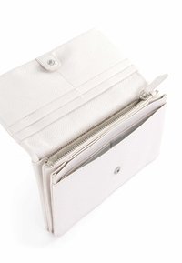 White textured leather wallet with a snap closure, multiple card slots, and a zippered compartment for coins or small items.