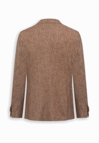 Blazer da uomo marrone con motivo a spina di pesce, maniche lunghe e polsini con bottoni, mostrato di spalle su sfondo bianco.