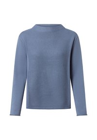 Blauwe gebreide trui met lange mouwen, een gestructureerd patroon, hoge hals en een relaxte pasvorm. Zacht materiaal met een gladde afwerking.