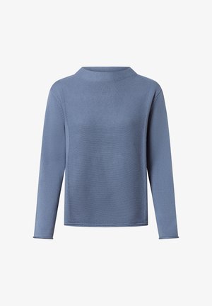 Pull en maille bleu à manches longues avec un motif texturé, un col montant et une coupe décontractée. Matière douce avec une finition lisse.