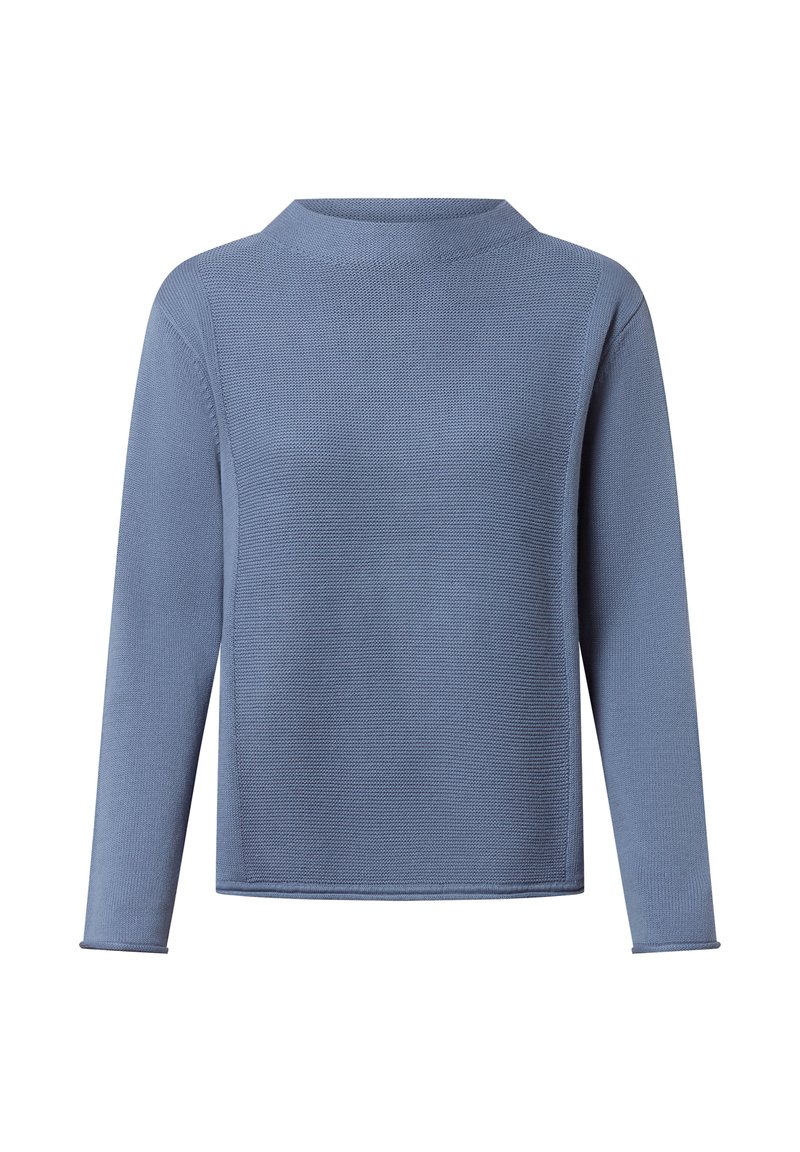 Blauwe gebreide trui met lange mouwen, een gestructureerd patroon, hoge hals en een relaxte pasvorm. Zacht materiaal met een gladde afwerking.
