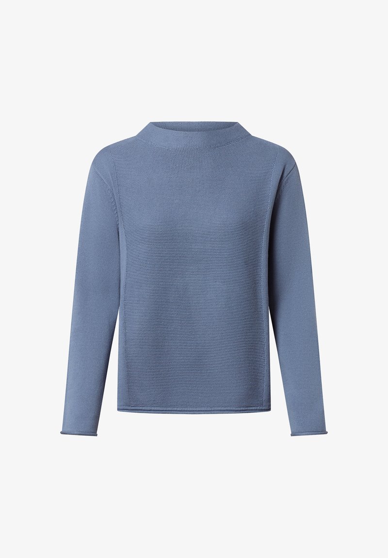 Blauwe gebreide trui met lange mouwen, een gestructureerd patroon, hoge hals en een relaxte pasvorm. Zacht materiaal met een gladde afwerking.