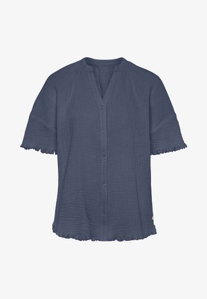Camisa azul marino de manga corta, con botones y cuello en V. Hecha de una tela texturizada, con un dobladillo ondulado y un corte relajado.
