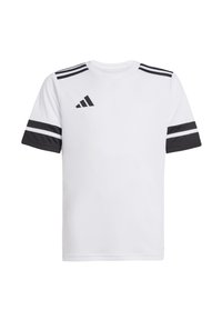 Camiseta deportiva blanca de manga corta con rayas negras en los hombros y las mangas, con un logo negro de Adidas en el pecho.