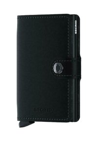 Cartera de cuero negro con textura suave, que presenta un cierre de botón plateado y un logo grabado. Diseño compacto y rectangular.