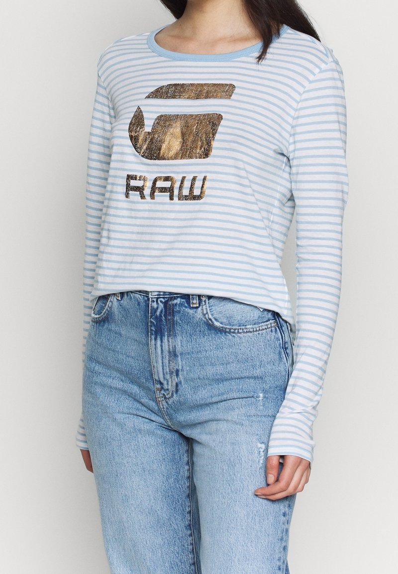 Camicia a maniche lunghe a righe azzurro chiaro con scollatura rotonda, caratterizzata da un logo metallico dorato "RAW" sul davanti. Indossata con jeans a vita alta.