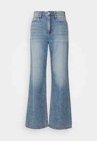 Lichtblauwe wijde jeans met een hoge taille. Bevat klassieke stiksels, een knoopsluiting en een rafelig zoom. Gemaakt van denim stof.