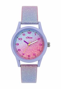 S.Oliver Uhr mit lilafarbenem Gehäuse und lebhaftem Farbverlauf auf dem Zifferblatt, mit pinken Zahlen und Zeigern. Funkelndes pinkes und lila Armband. Rundes Design.