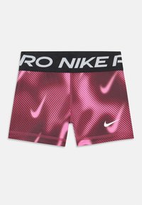 Nike Pro šortky so čiernym pásom s bielym logom, ružovým gradientovým vzorom s jemnými diagonálnymi čiarami a hladkým, pružným materiálom.