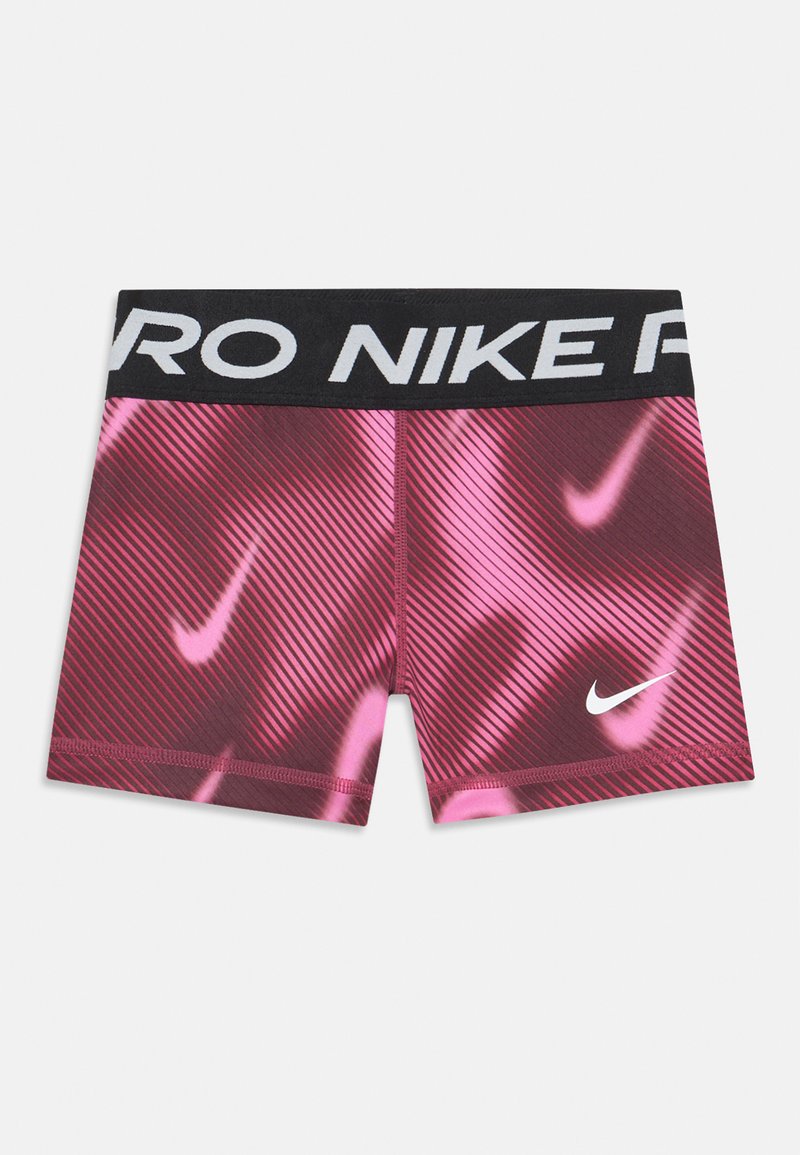 Nike Pro lühikesed püksid musta vöökoha ja valge logoga, roosa gradientmustriga, peenete diagonaalliinidega ning sileda ja veniva materjaliga.