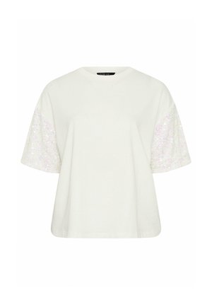 Witte blouse met korte mouwen, losse pasvorm en iriserende paillettenversieringen op de mouwen.