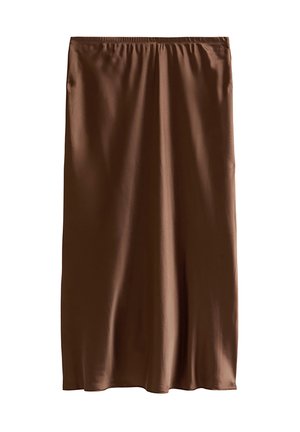 Jupe midi en satin marron avec taille élastique, texture lisse et léger éclat.